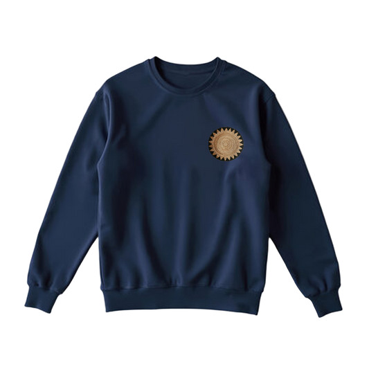 Unisex crewneck sweater in navy blue featuring a chest print inspired by Rwandan basket art.